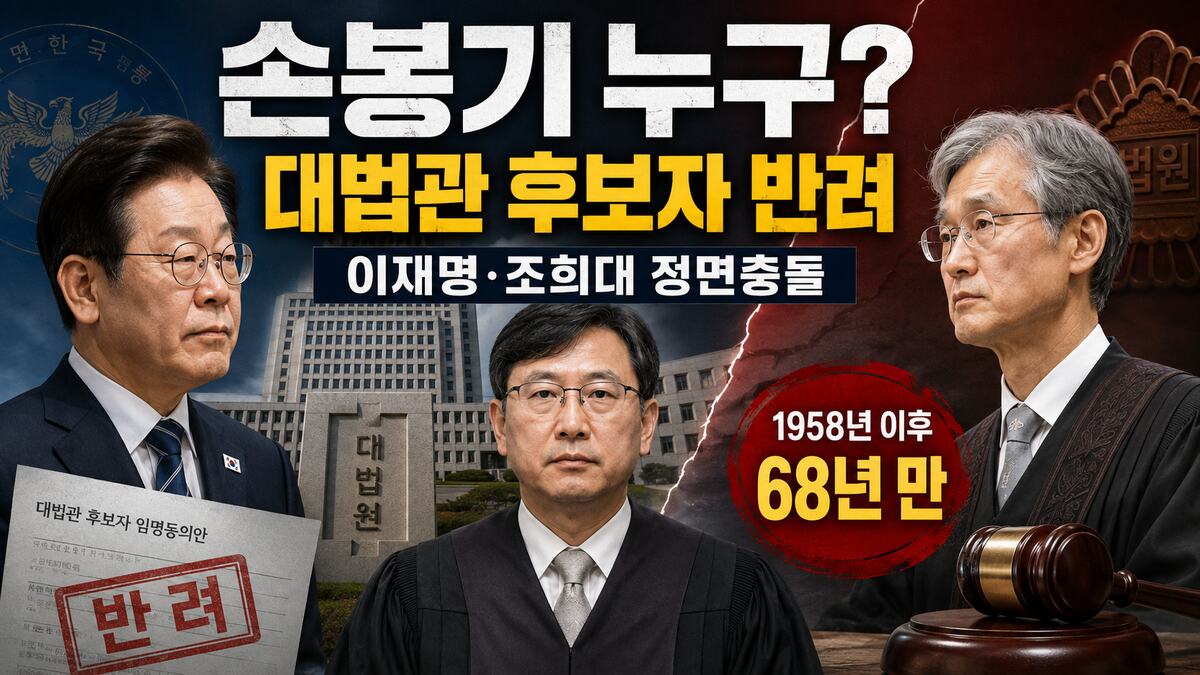 이재명 대통령과 손봉기 대법관 후보자, 조희대 대법원장 및 68년 만의 재제청 논란을 표현한 기사 이미지